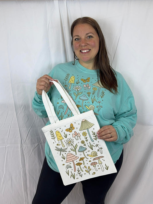 Mushroom Garden Doodle Tote Bag, Cottage Core Cute Shopping Bag, Reusable Grocery Carrier