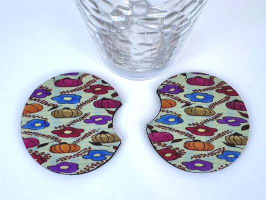 Pumpkin Floral Fall Design On A Round Neoprene Car Coaster, Set of 2, Hand Drawn Autumn Pattern