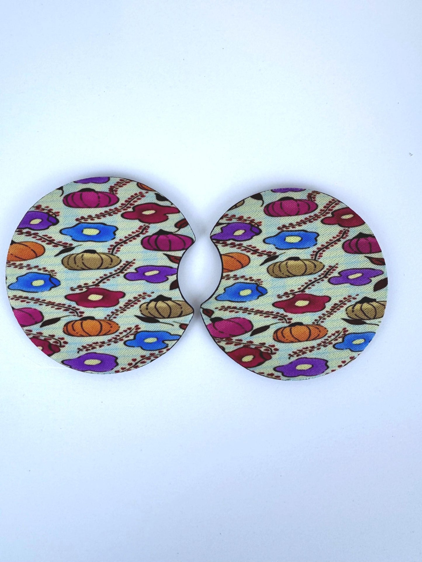 Pumpkin Floral Fall Design On A Round Neoprene Car Coaster, Set of 2, Hand Drawn Autumn Pattern
