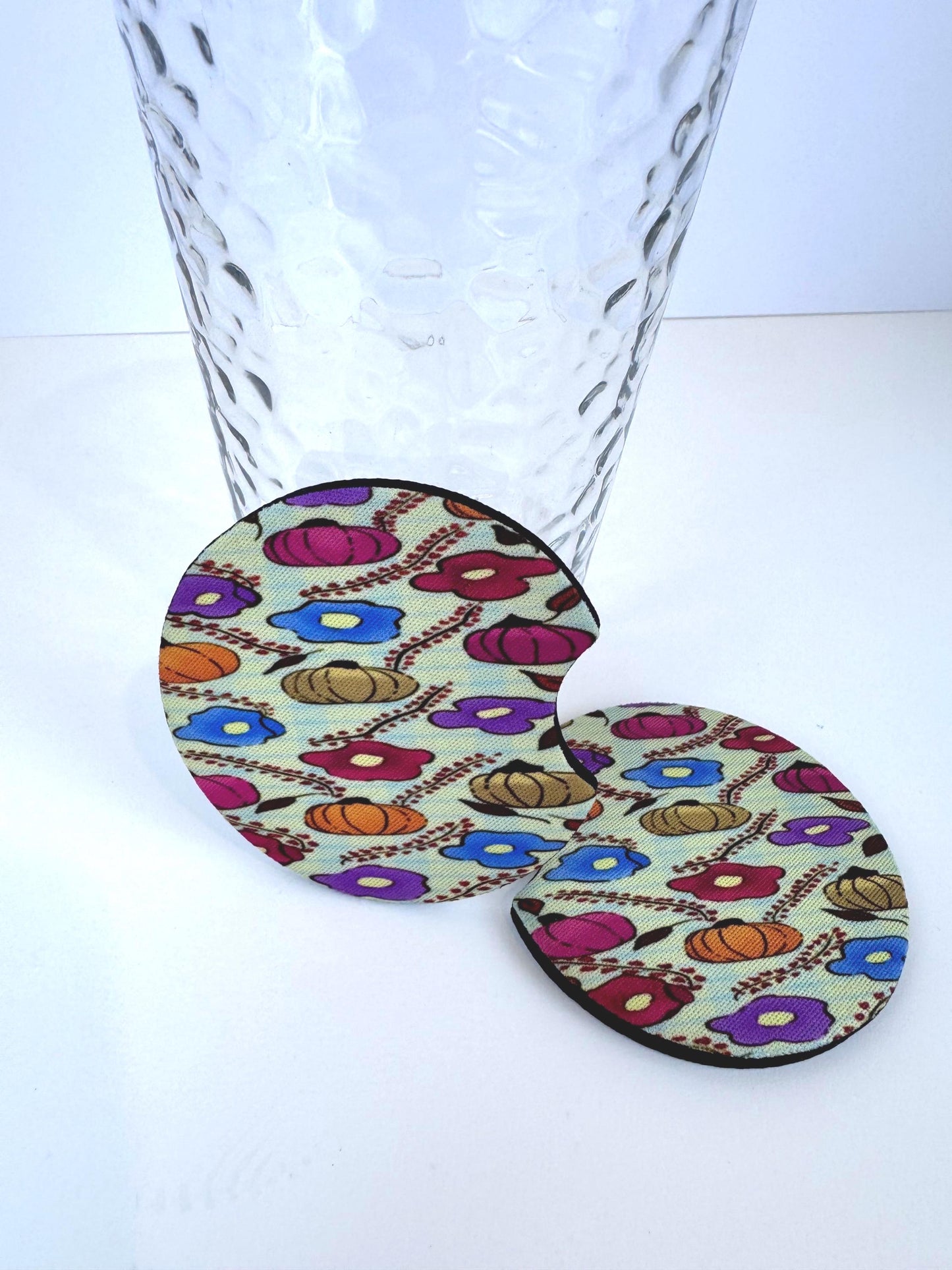 Pumpkin Floral Fall Design On A Round Neoprene Car Coaster, Set of 2, Hand Drawn Autumn Pattern
