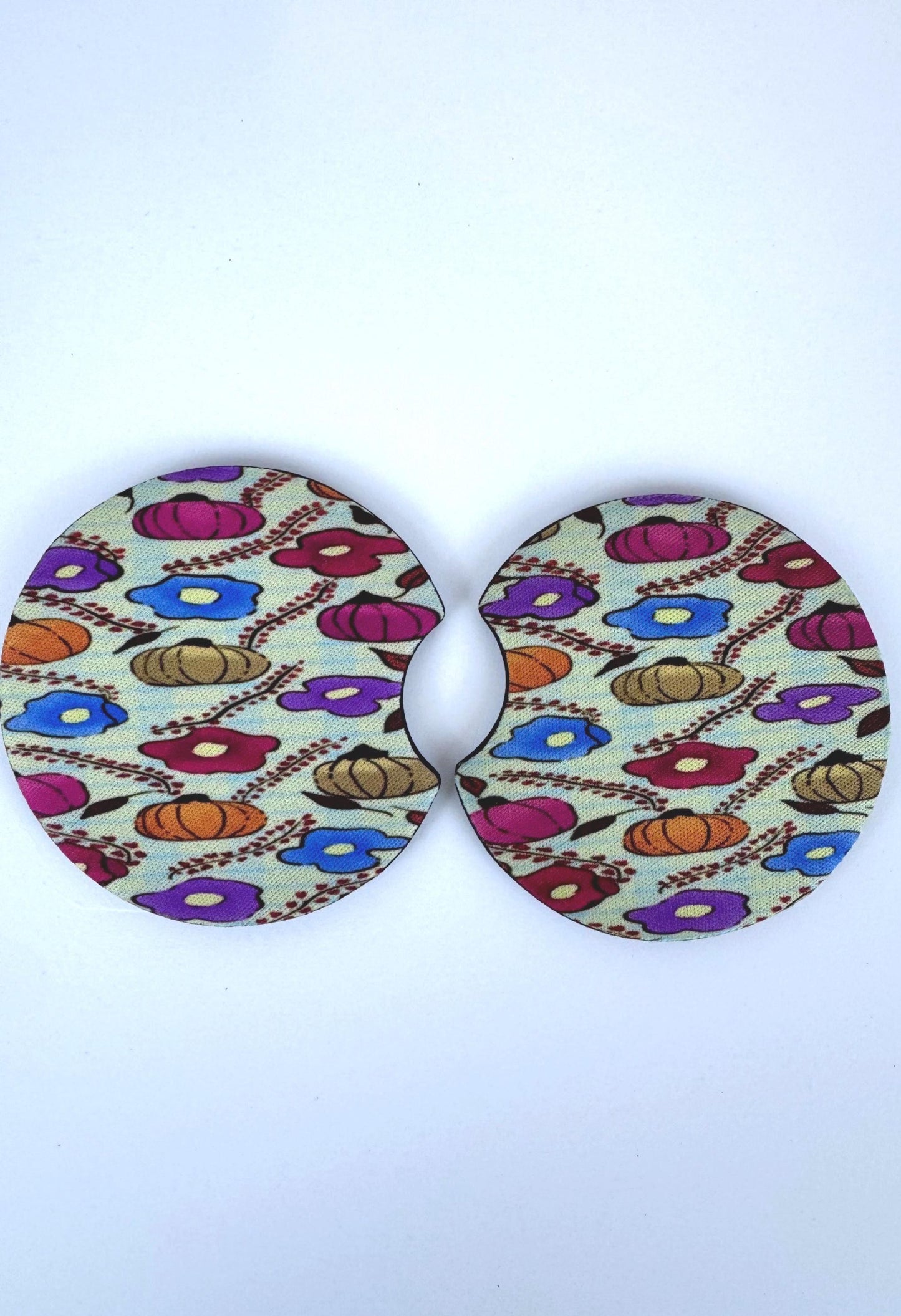 Pumpkin Floral Fall Design On A Round Neoprene Car Coaster, Set of 2, Hand Drawn Autumn Pattern