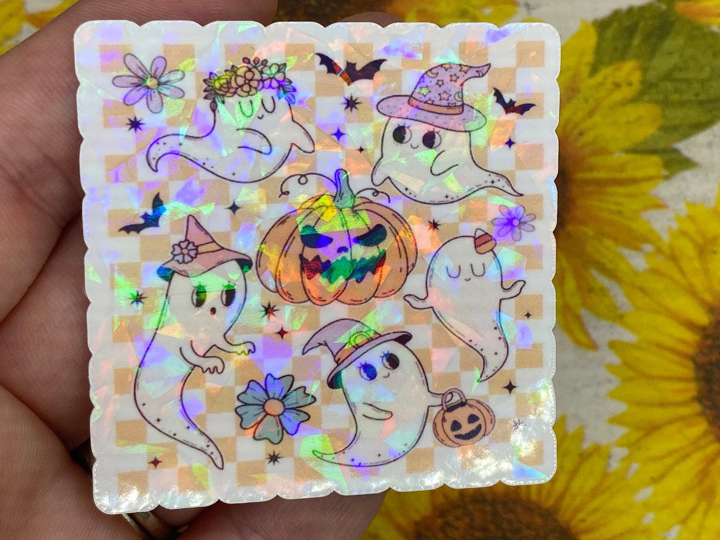 Holographic Retro Halloween Sticker, Spooky Season,  Hippie Planner Decal, Pumpkins, Ghost, and Jack O Lantern Designs, Water Resistant