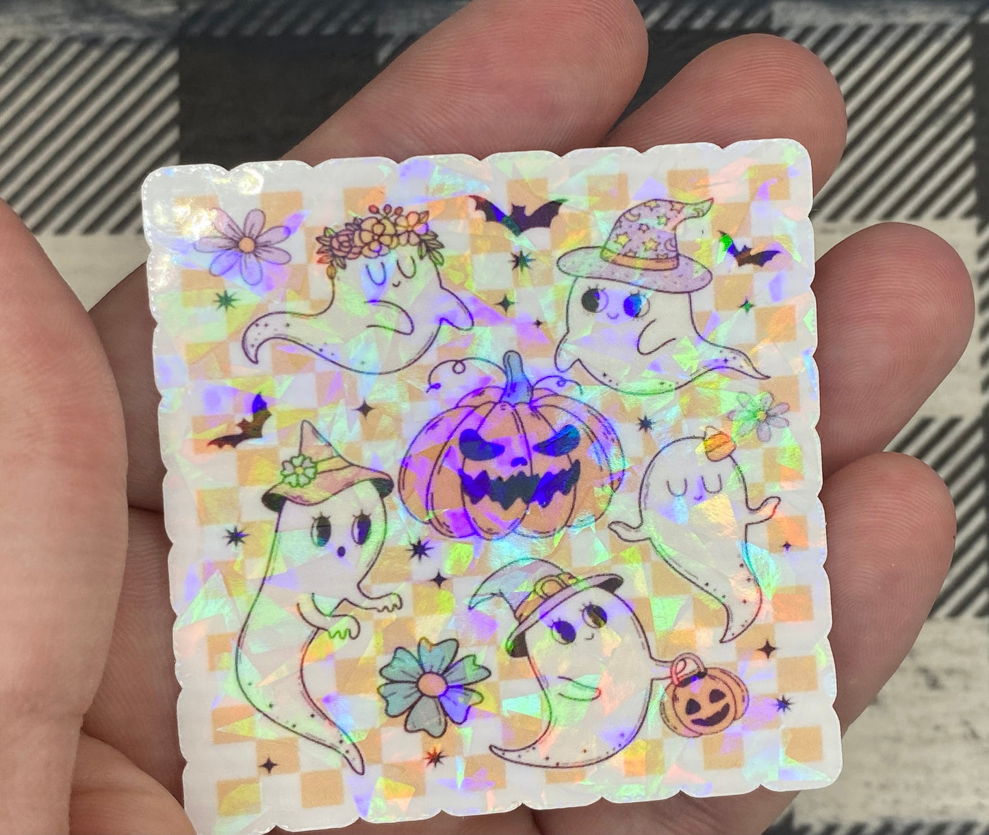 Holographic Retro Halloween Sticker, Spooky Season,  Hippie Planner Decal, Pumpkins, Ghost, and Jack O Lantern Designs, Water Resistant