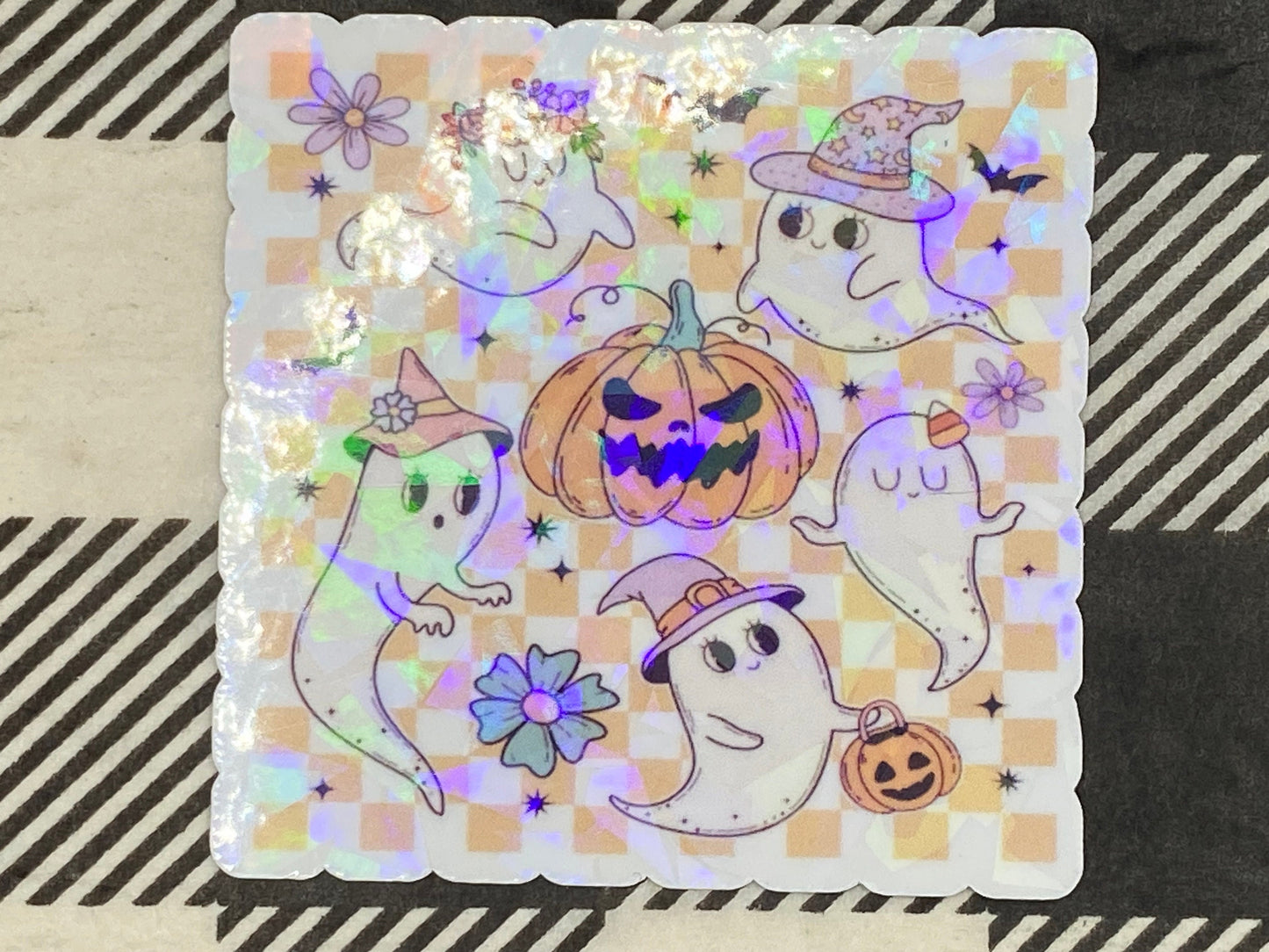 Holographic Retro Halloween Sticker, Spooky Season,  Hippie Planner Decal, Pumpkins, Ghost, and Jack O Lantern Designs, Water Resistant