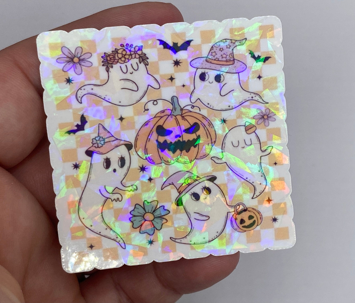 Holographic Retro Halloween Sticker, Spooky Season,  Hippie Planner Decal, Pumpkins, Ghost, and Jack O Lantern Designs, Water Resistant