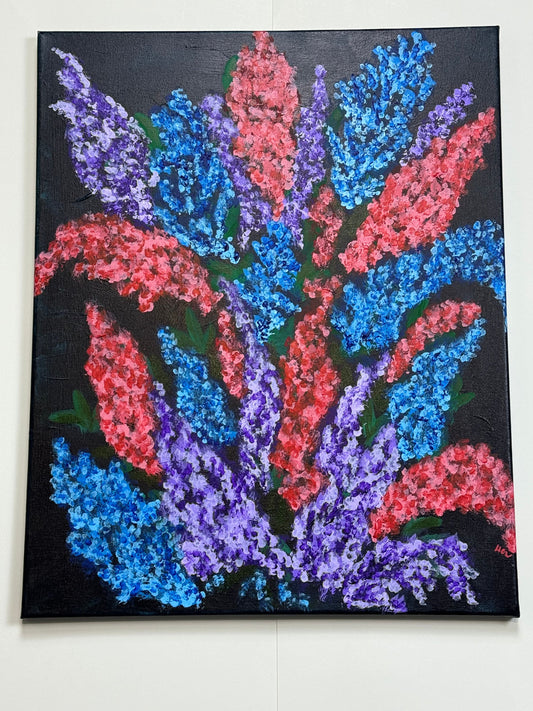 Impressionist Flower Painting, Colorful Lilacs with Black Background, Something Bright in the Darkness, Acrylic