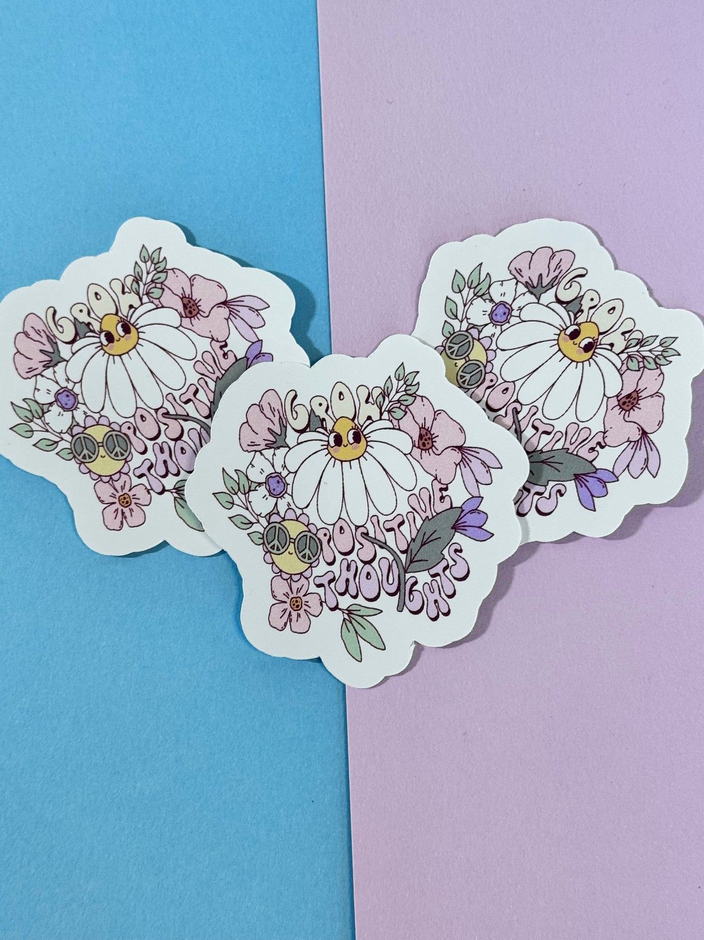 Grow Positive Thoughts 70s Retro Single Die Cut Matte Sticker With Groovy Flowers, Kawaii Cute