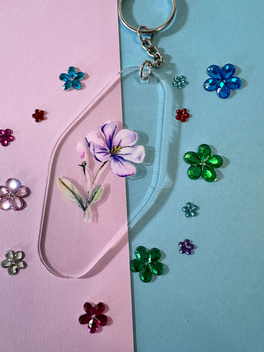 Clear Acrylic Hotel Keychain With Pretty Purple and Pink Flower