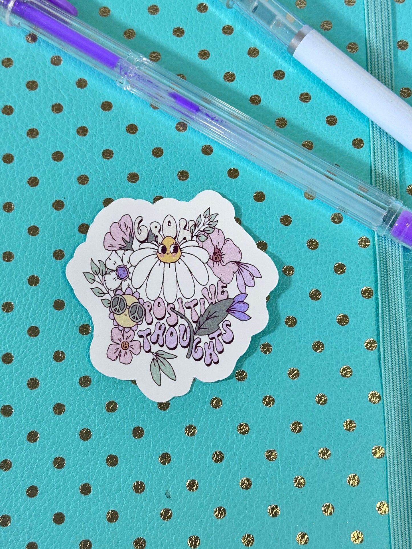 Grow Positive Thoughts 70s Retro Single Die Cut Matte Sticker With Groovy Flowers, Kawaii Cute