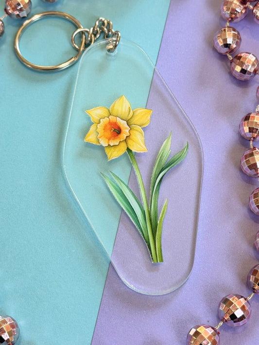 March Daffodil Birth Flower Clear Acrylic Hotel Keychain