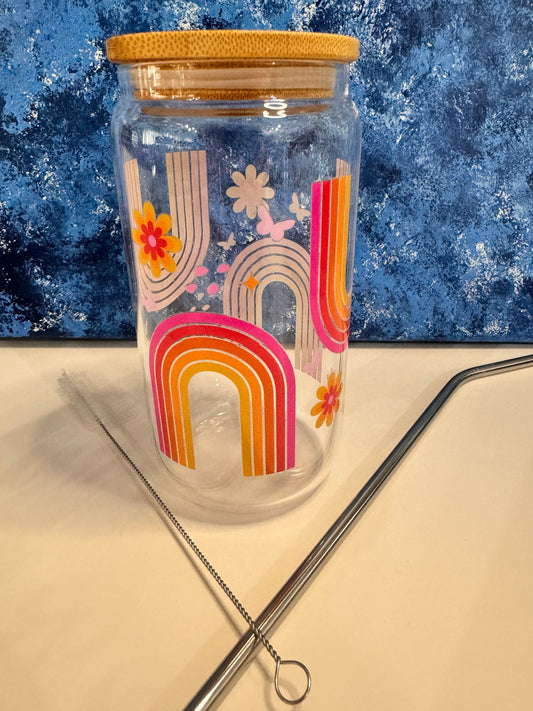 Retro Style Glass Libby Can, 16 Oz With Bamboo Lid and Metal Straw, Retro Rainbow and Flowers