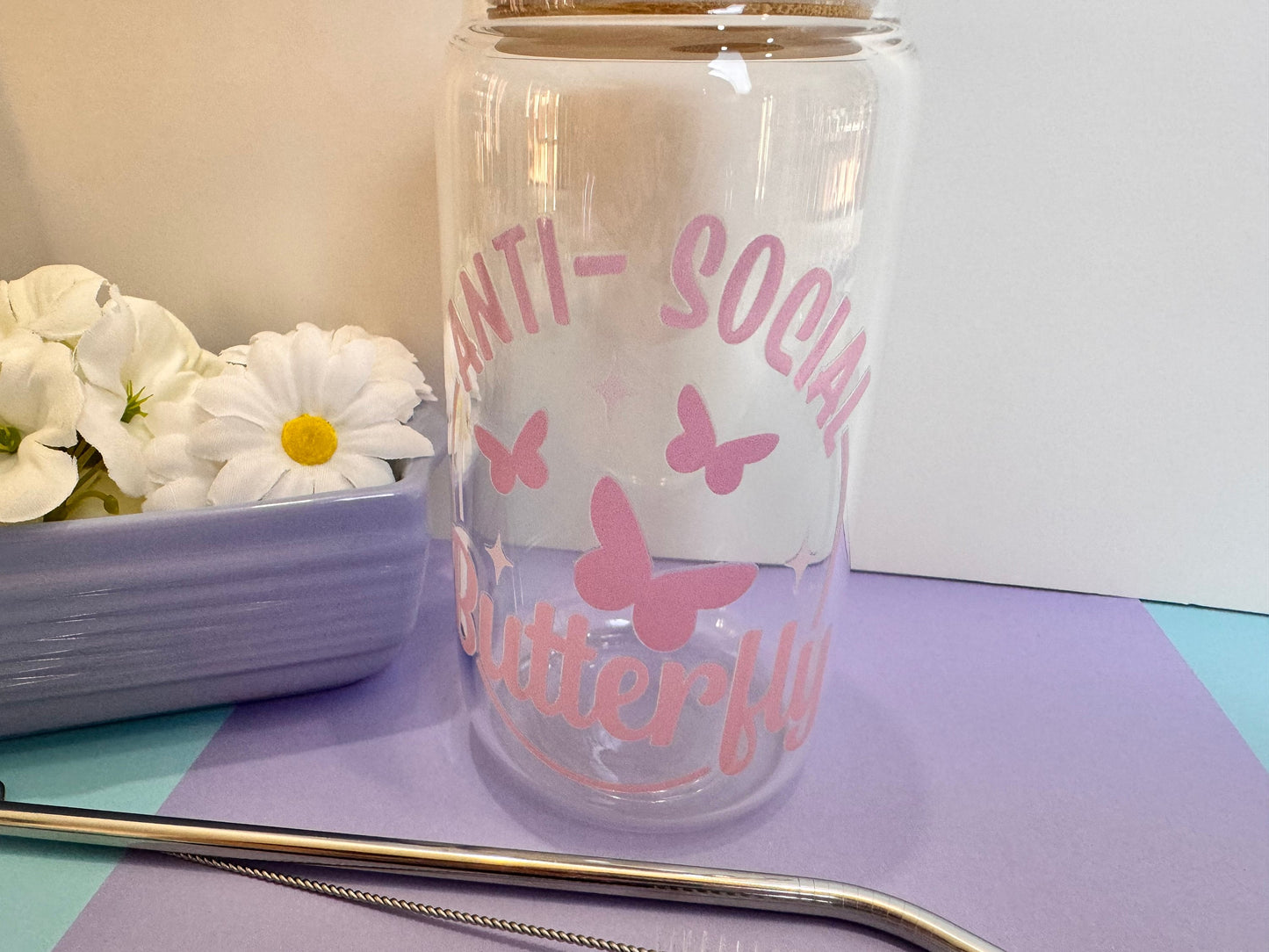 Anti Social Butterfly Glass Libby Can, 16 Oz With Bamboo Lid and Metal Straw