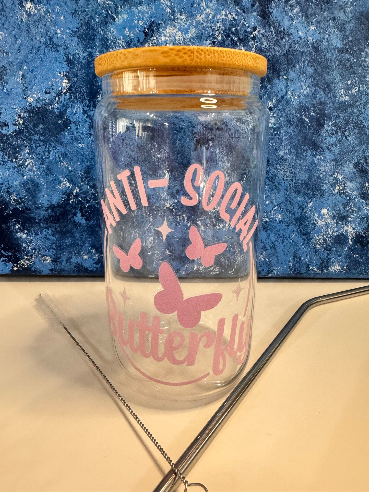 Anti Social Butterfly Glass Libby Can, 16 Oz With Bamboo Lid and Metal Straw