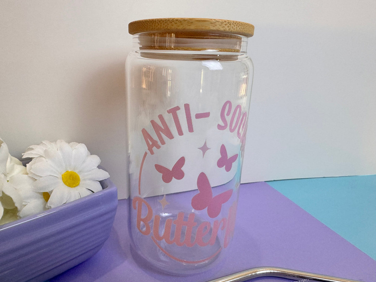 Anti Social Butterfly Glass Libby Can, 16 Oz With Bamboo Lid and Metal Straw