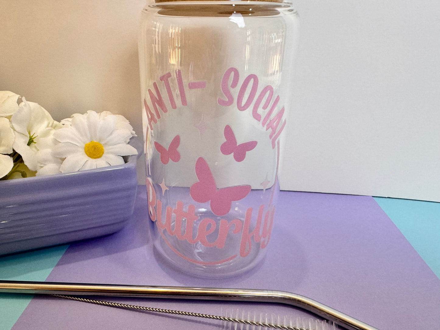 Anti Social Butterfly Glass Libby Can, 16 Oz With Bamboo Lid and Metal Straw