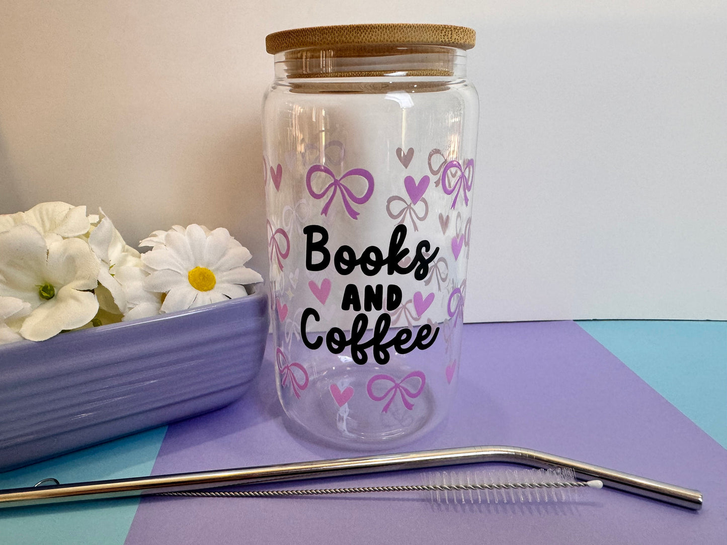 Books and Coffee with Pink Coquette Bows and Hearts Libby Can, 16 Oz With Bamboo Lid and Metal Straw