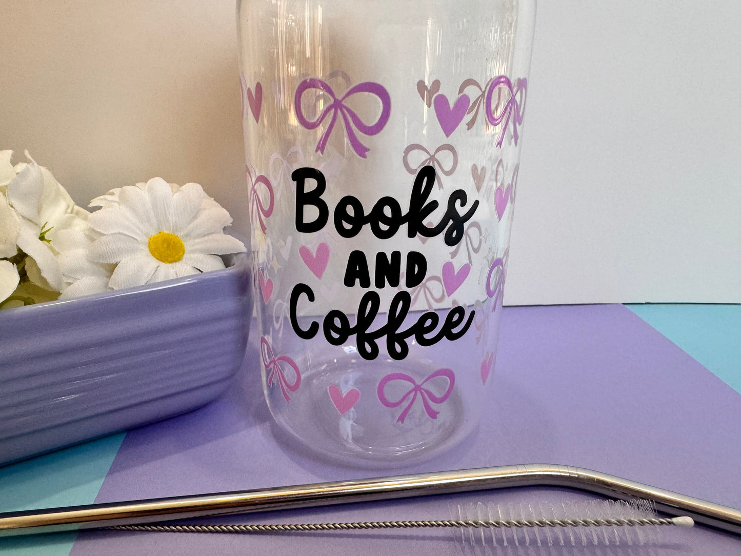 Books and Coffee with Pink Coquette Bows and Hearts Libby Can, 16 Oz With Bamboo Lid and Metal Straw