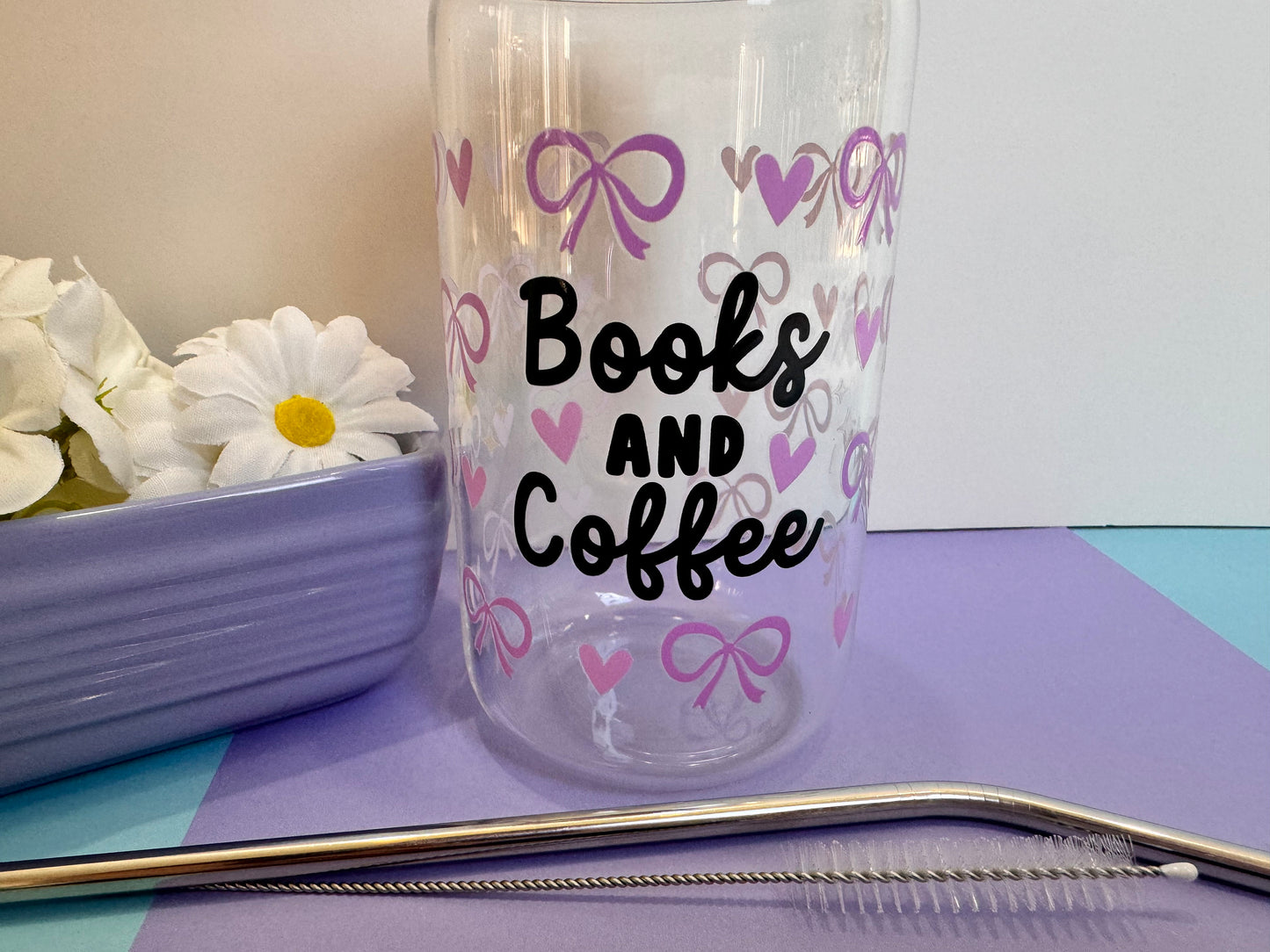 Books and Coffee with Pink Coquette Bows and Hearts Libby Can, 16 Oz With Bamboo Lid and Metal Straw