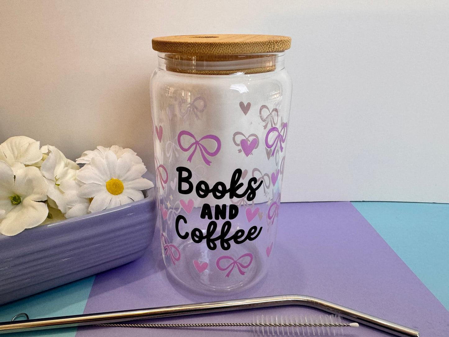 Books and Coffee with Pink Coquette Bows and Hearts Libby Can, 16 Oz With Bamboo Lid and Metal Straw