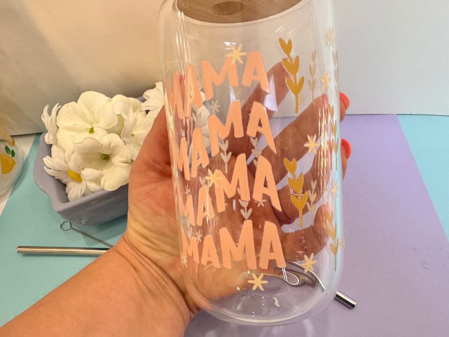 Mama in Pink Glass Libby Can, 16 Oz With Bamboo Lid and Metal Straw