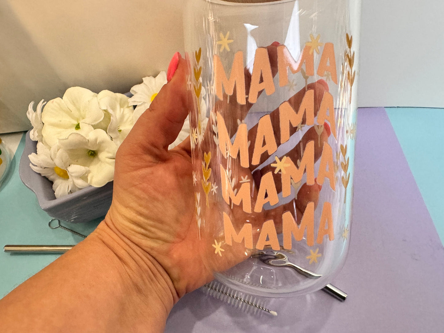 Mama in Pink Glass Libby Can, 16 Oz With Bamboo Lid and Metal Straw