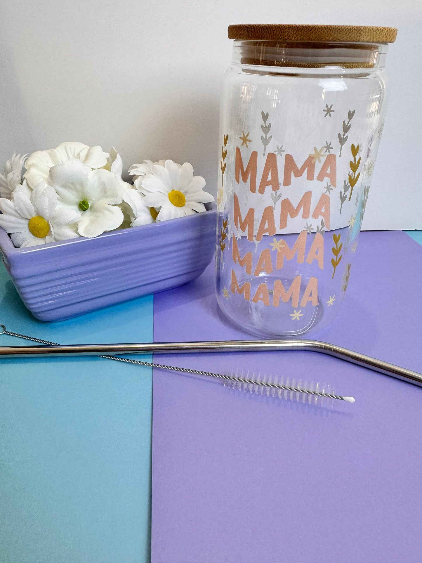 Mama in Pink Glass Libby Can, 16 Oz With Bamboo Lid and Metal Straw