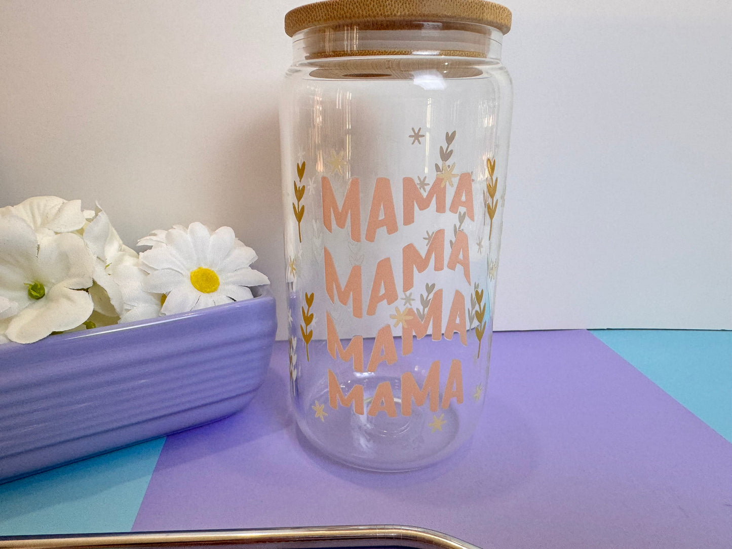 Mama in Pink Glass Libby Can, 16 Oz With Bamboo Lid and Metal Straw