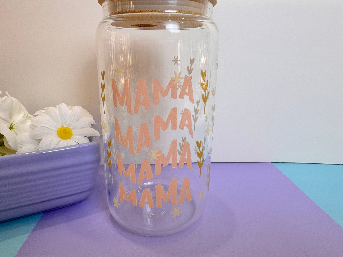 Mama in Pink Glass Libby Can, 16 Oz With Bamboo Lid and Metal Straw