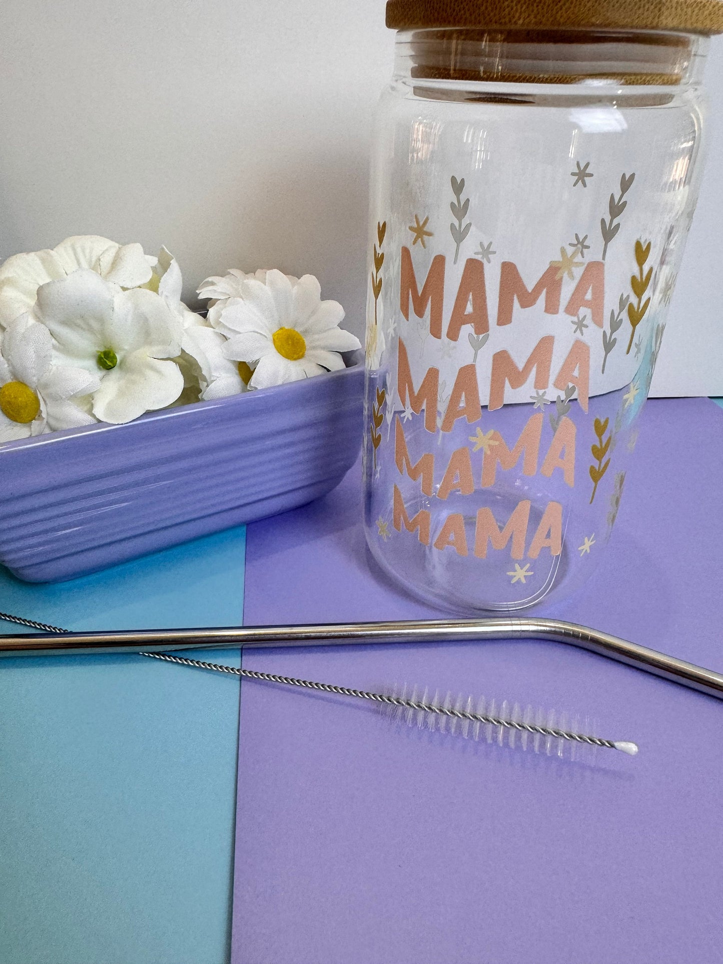 Mama in Pink Glass Libby Can, 16 Oz With Bamboo Lid and Metal Straw