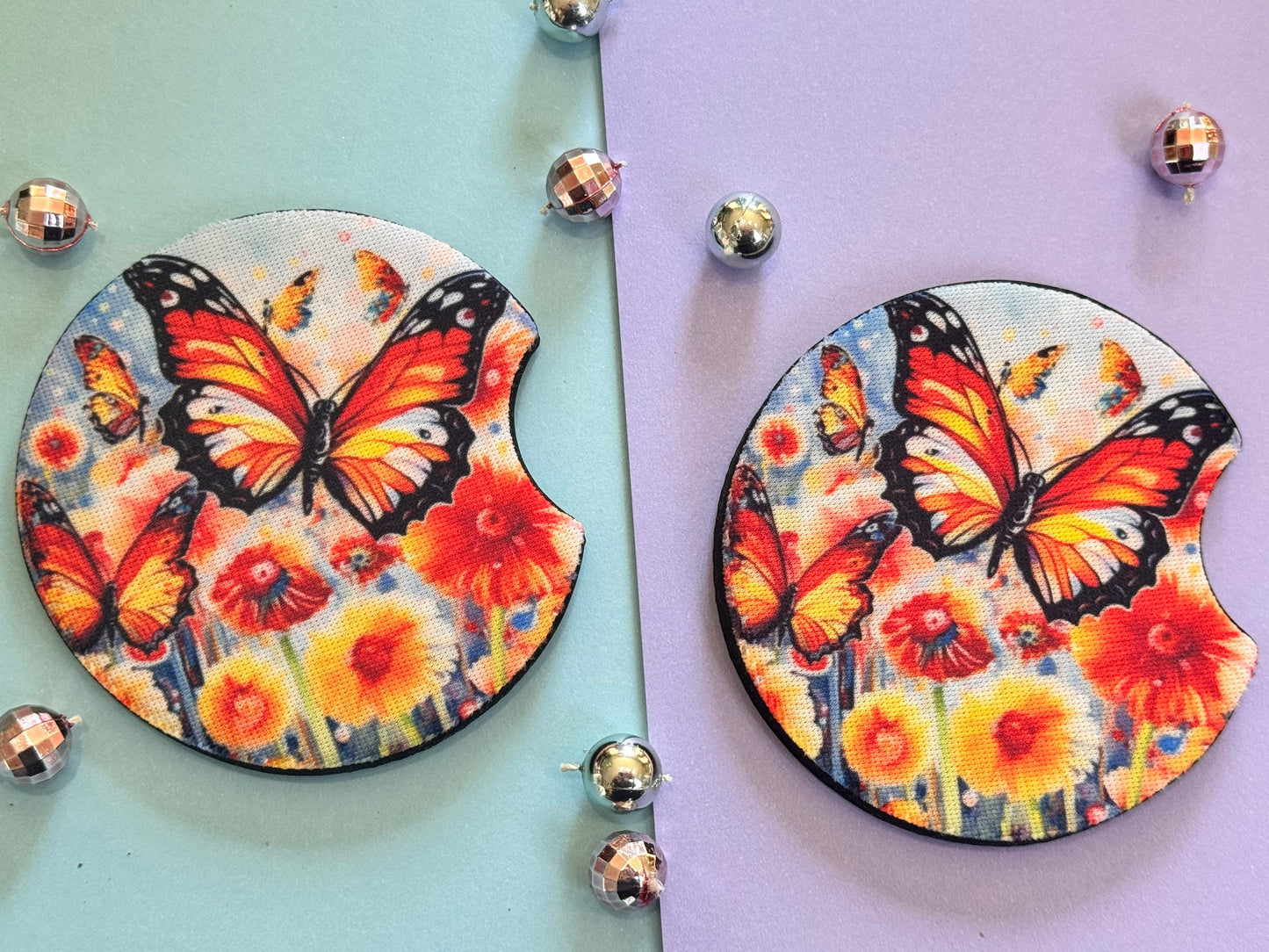 Bright Butterflies with Gorgeous Summer Colors Car Coaster Set of Two, Neoprene Material with Sublimated Design