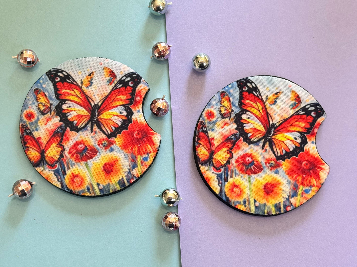 Bright Butterflies with Gorgeous Summer Colors Car Coaster Set of Two, Neoprene Material with Sublimated Design