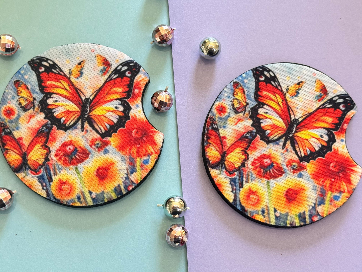 Bright Butterflies with Gorgeous Summer Colors Car Coaster Set of Two, Neoprene Material with Sublimated Design