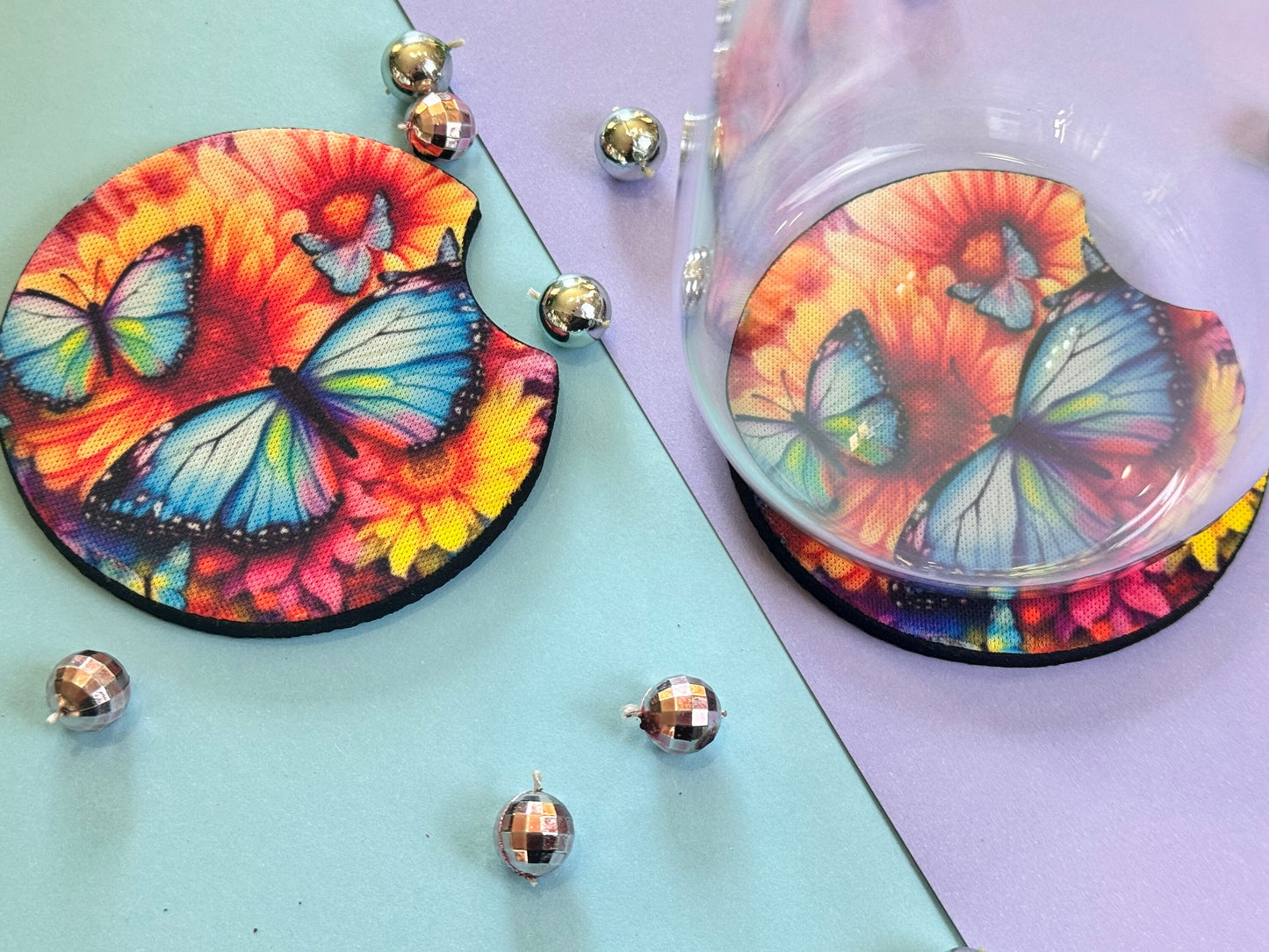 Bright Butterflies with Gorgeous Summer Colors Car Coaster Set of Two, Neoprene Material with Sublimated Design