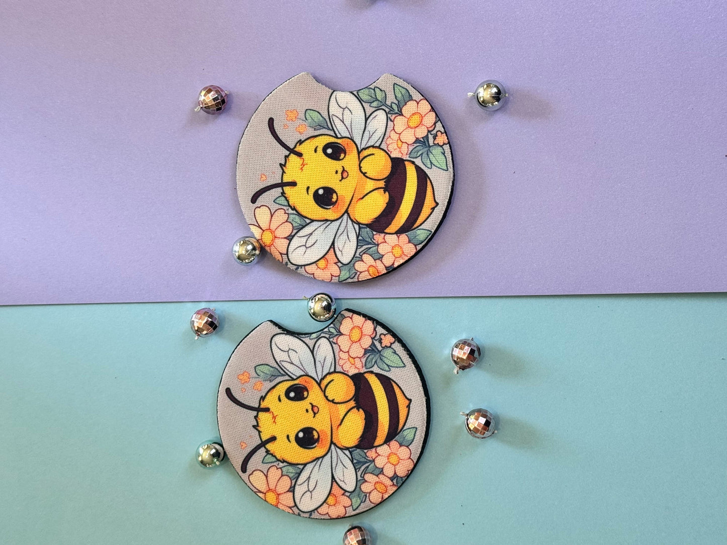 Adorable Bumble Bee Car Coaster with Pretty Pink Flowers Set of Two, Neoprene Material with Sublimated Design