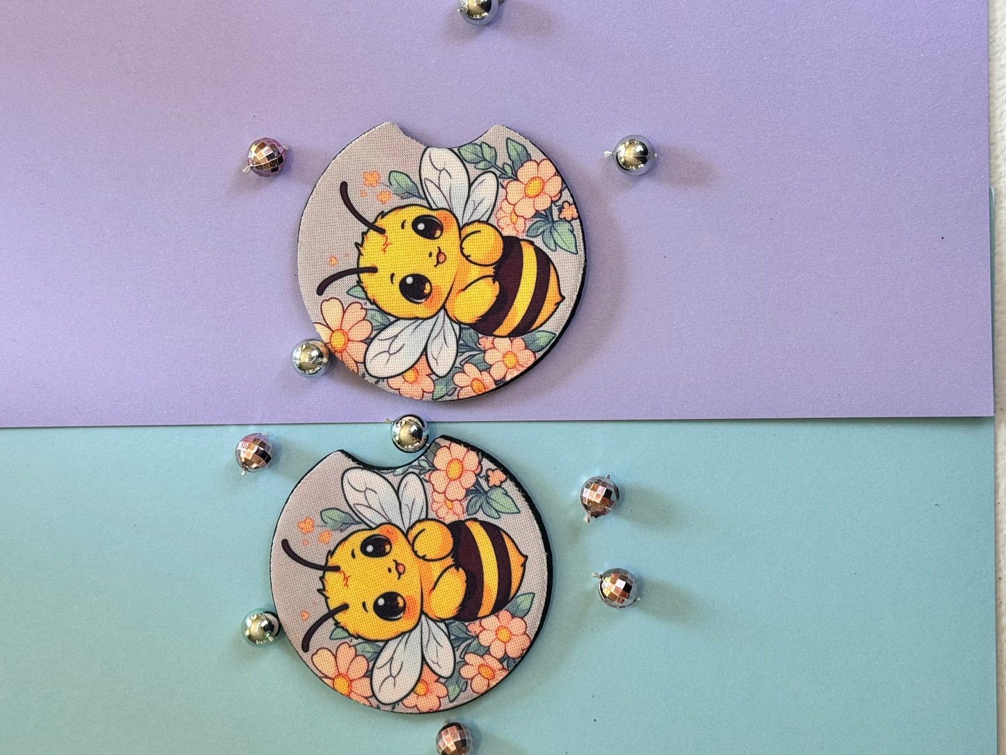 Adorable Bumble Bee Car Coaster with Pretty Pink Flowers Set of Two, Neoprene Material with Sublimated Design