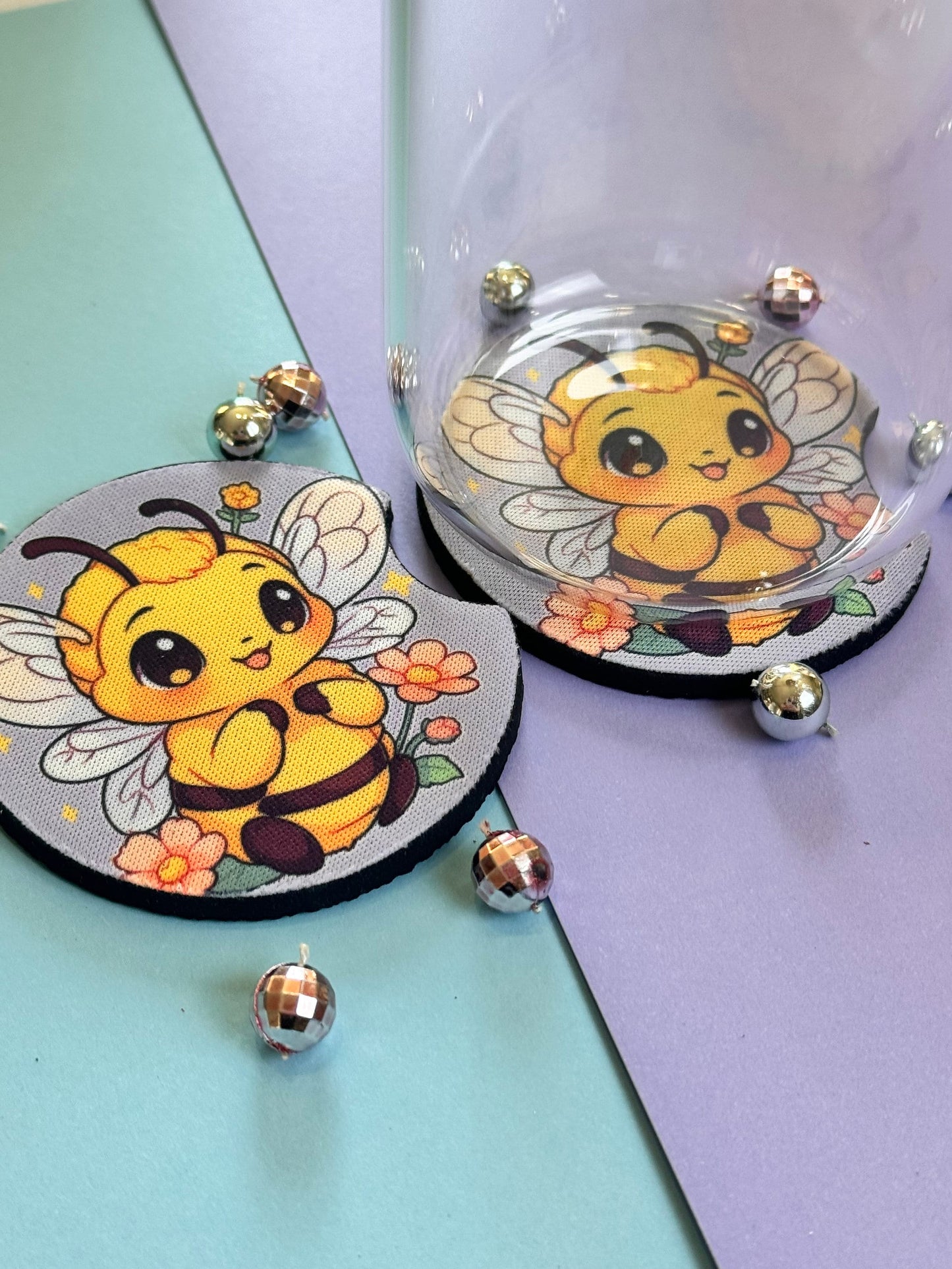 Adorable Bumble Bee Car Coaster with Pretty Pink Flowers Set of Two, Neoprene Material with Sublimated Design