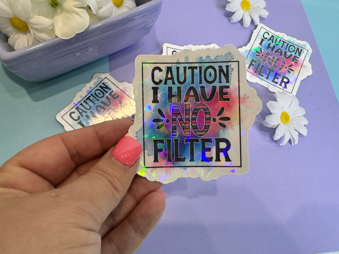 Die Cut Water Bottle Sticker with Gem Holographic Laminate, 3 inch, Caution I Have NO Filter