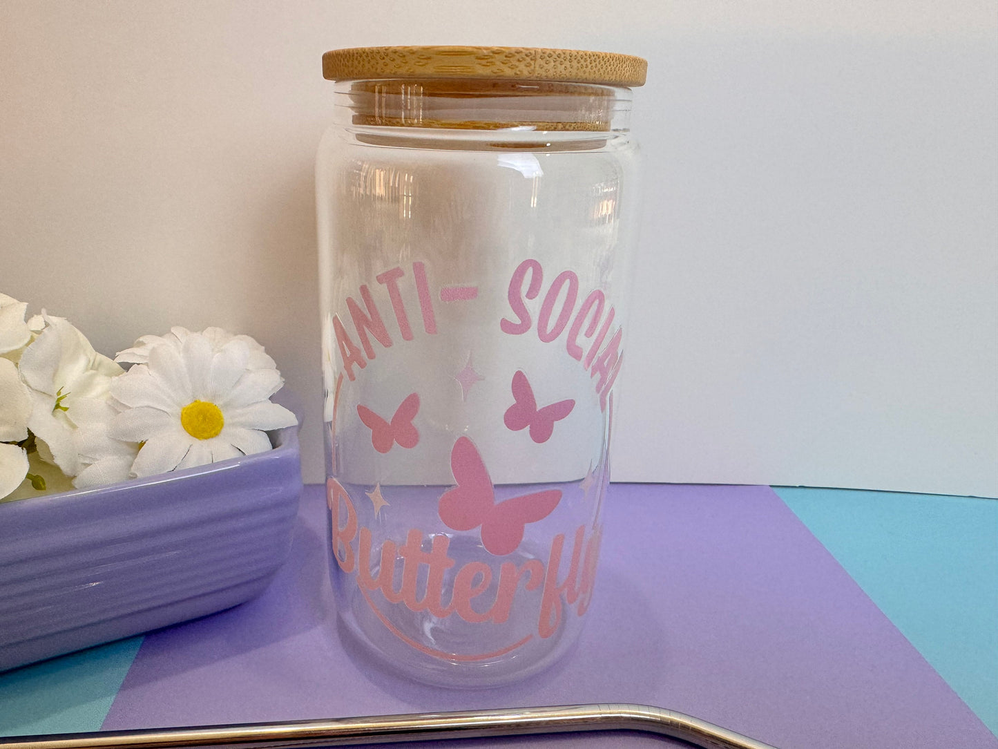 Anti Social Butterfly Glass Libby Can, 16 Oz With Bamboo Lid and Metal Straw