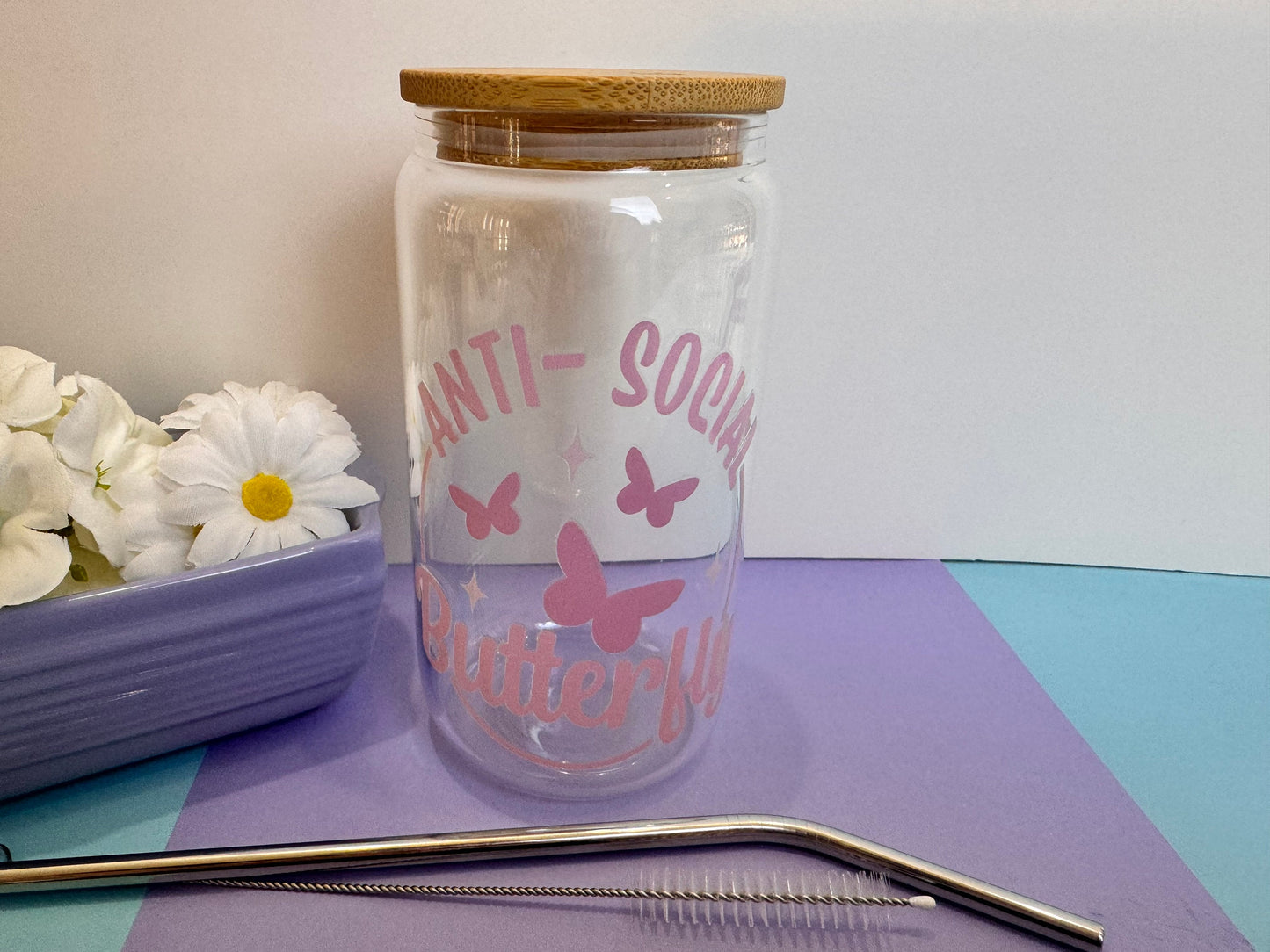 Anti Social Butterfly Glass Libby Can, 16 Oz With Bamboo Lid and Metal Straw