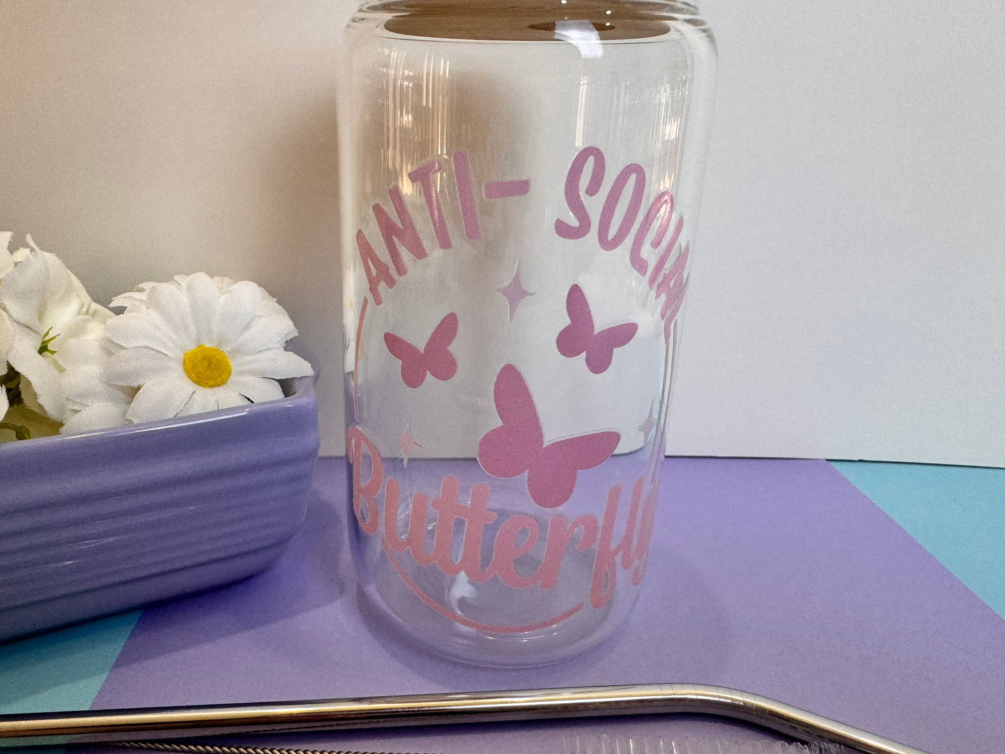 Anti Social Butterfly Glass Libby Can, 16 Oz With Bamboo Lid and Metal Straw