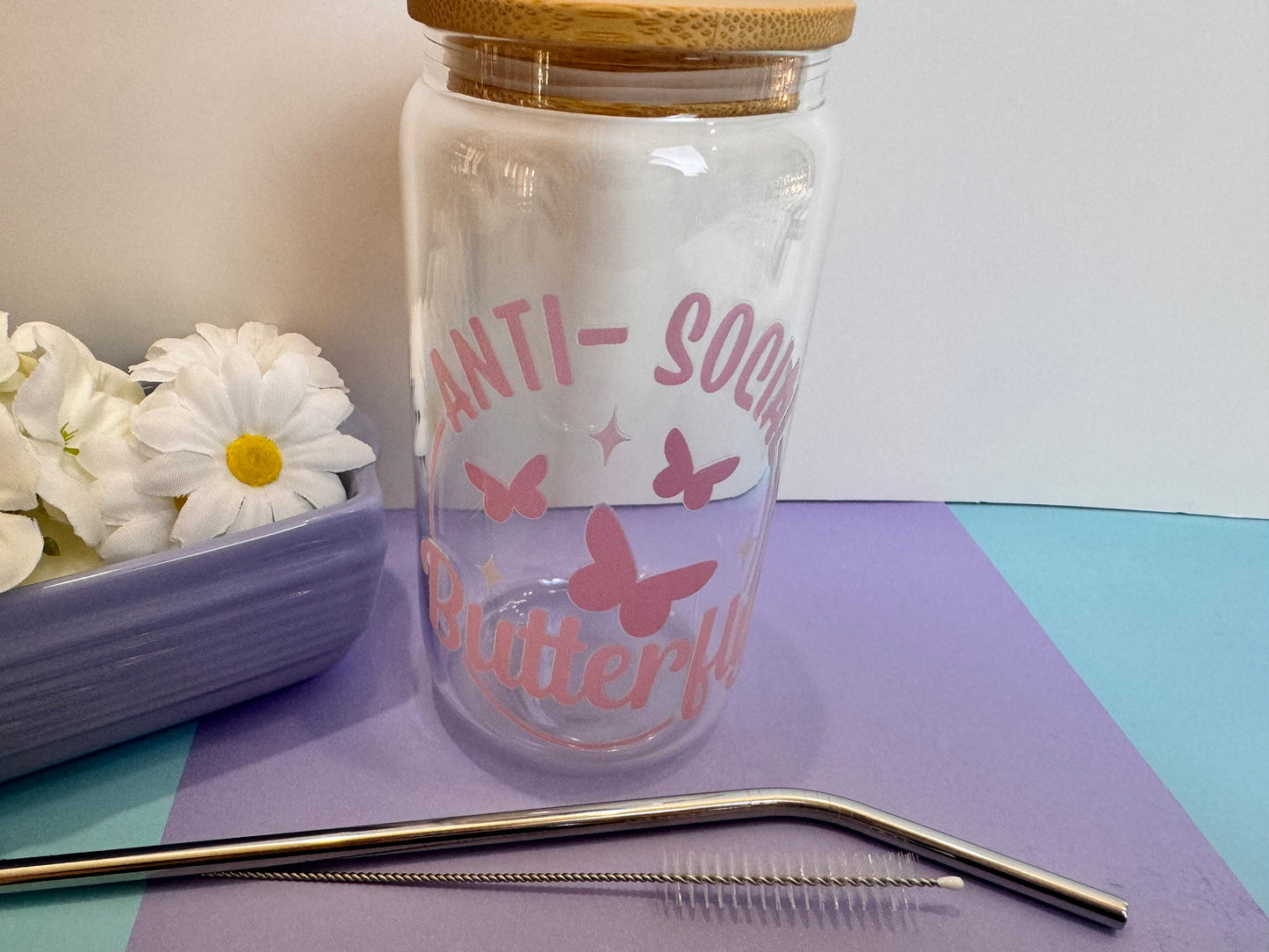 Anti Social Butterfly Glass Libby Can, 16 Oz With Bamboo Lid and Metal Straw