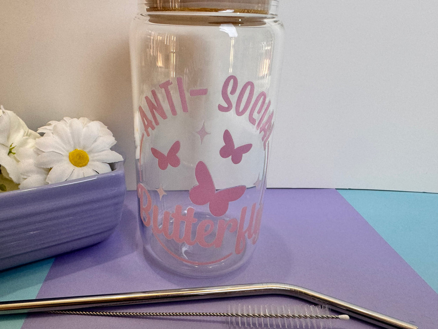 Anti Social Butterfly Glass Libby Can, 16 Oz With Bamboo Lid and Metal Straw