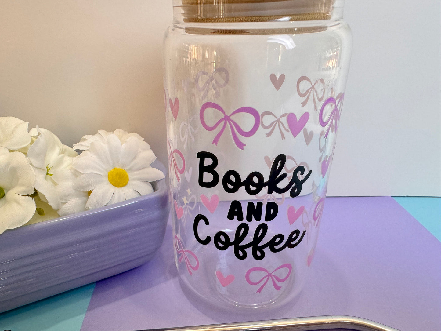 Books and Coffee with Pink Coquette Bows and Hearts Libby Can, 16 Oz With Bamboo Lid and Metal Straw