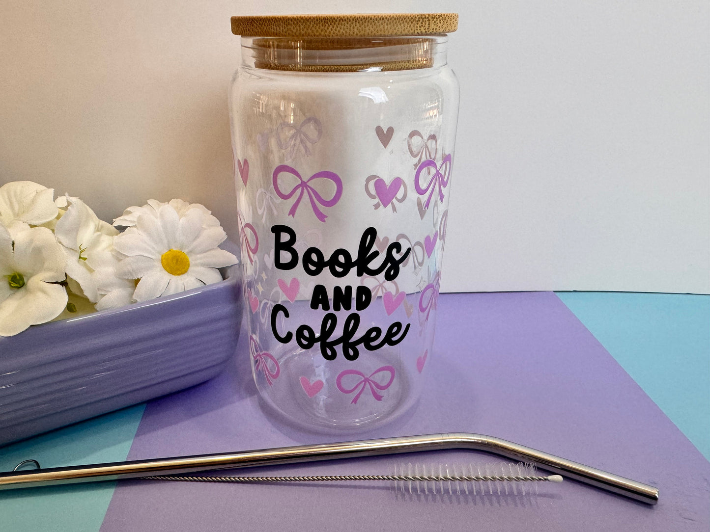 Books and Coffee with Pink Coquette Bows and Hearts Libby Can, 16 Oz With Bamboo Lid and Metal Straw