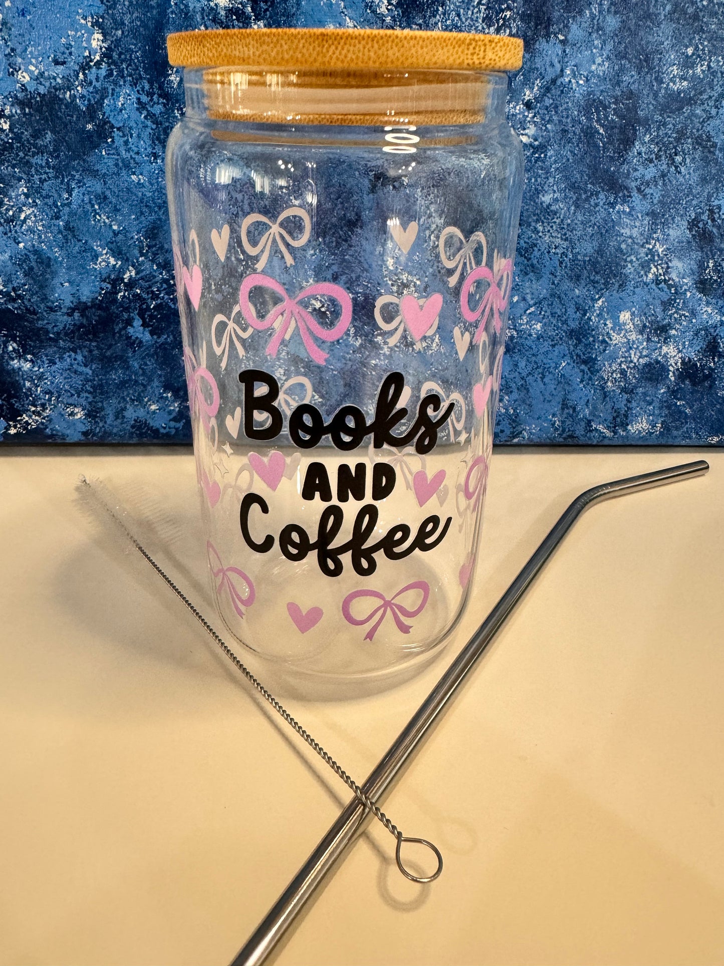 Books and Coffee with Pink Coquette Bows and Hearts Libby Can, 16 Oz With Bamboo Lid and Metal Straw