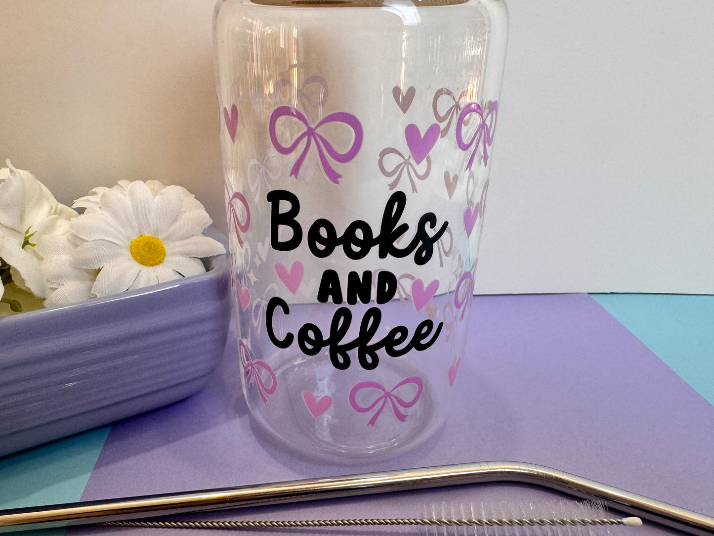 Books and Coffee with Pink Coquette Bows and Hearts Libby Can, 16 Oz With Bamboo Lid and Metal Straw