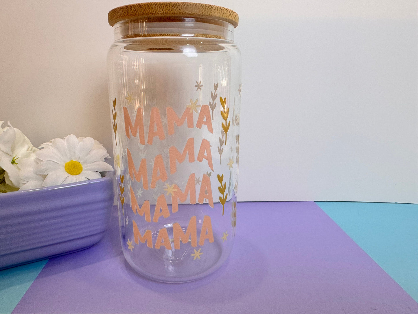 Mama in Pink Glass Libby Can, 16 Oz With Bamboo Lid and Metal Straw