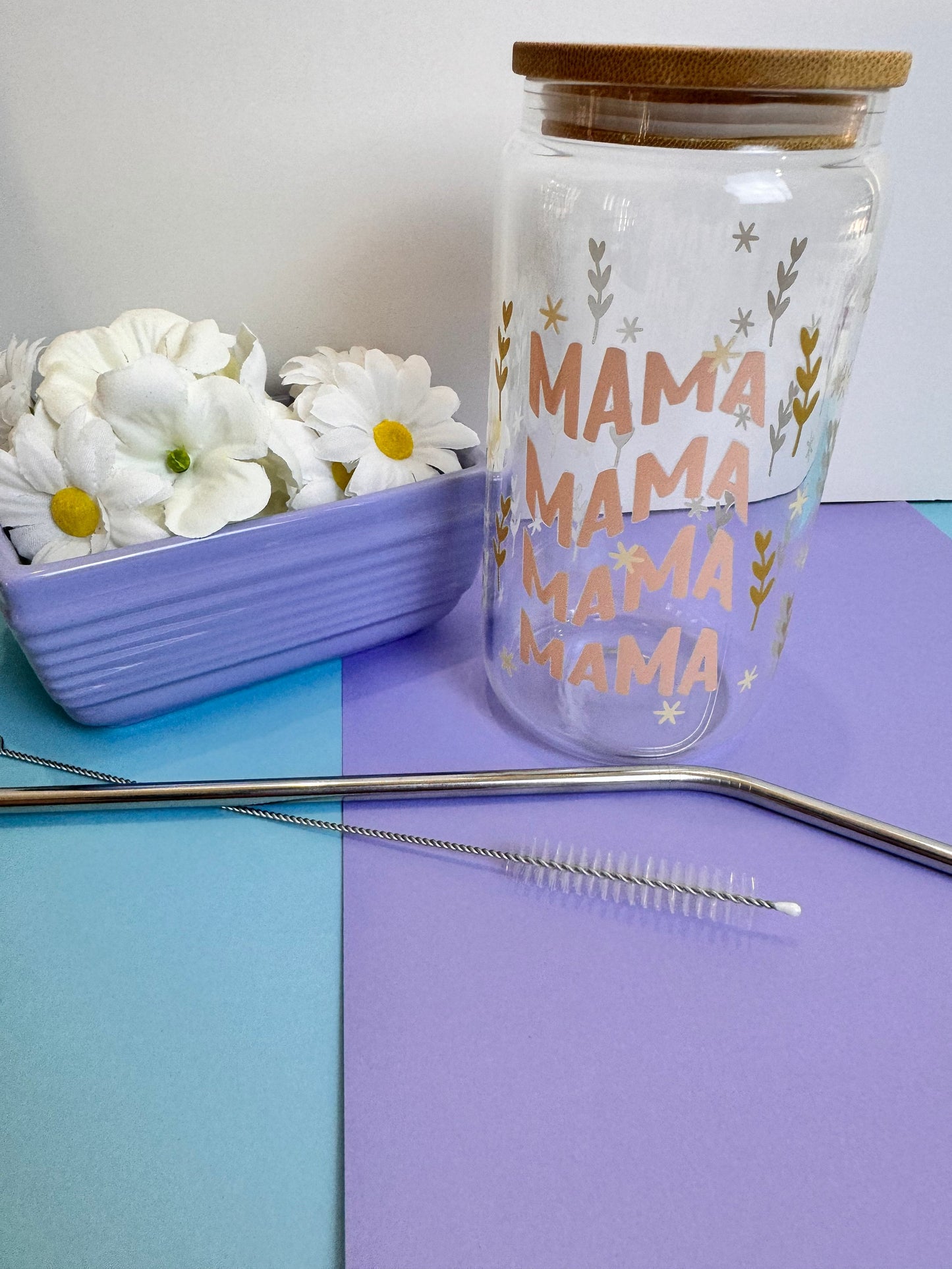 Mama in Pink Glass Libby Can, 16 Oz With Bamboo Lid and Metal Straw