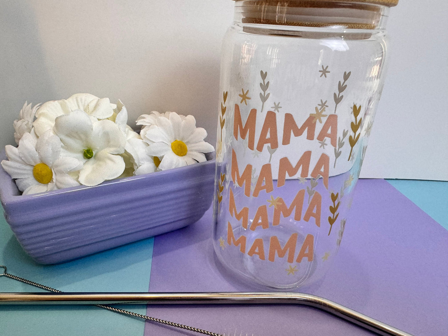 Mama in Pink Glass Libby Can, 16 Oz With Bamboo Lid and Metal Straw