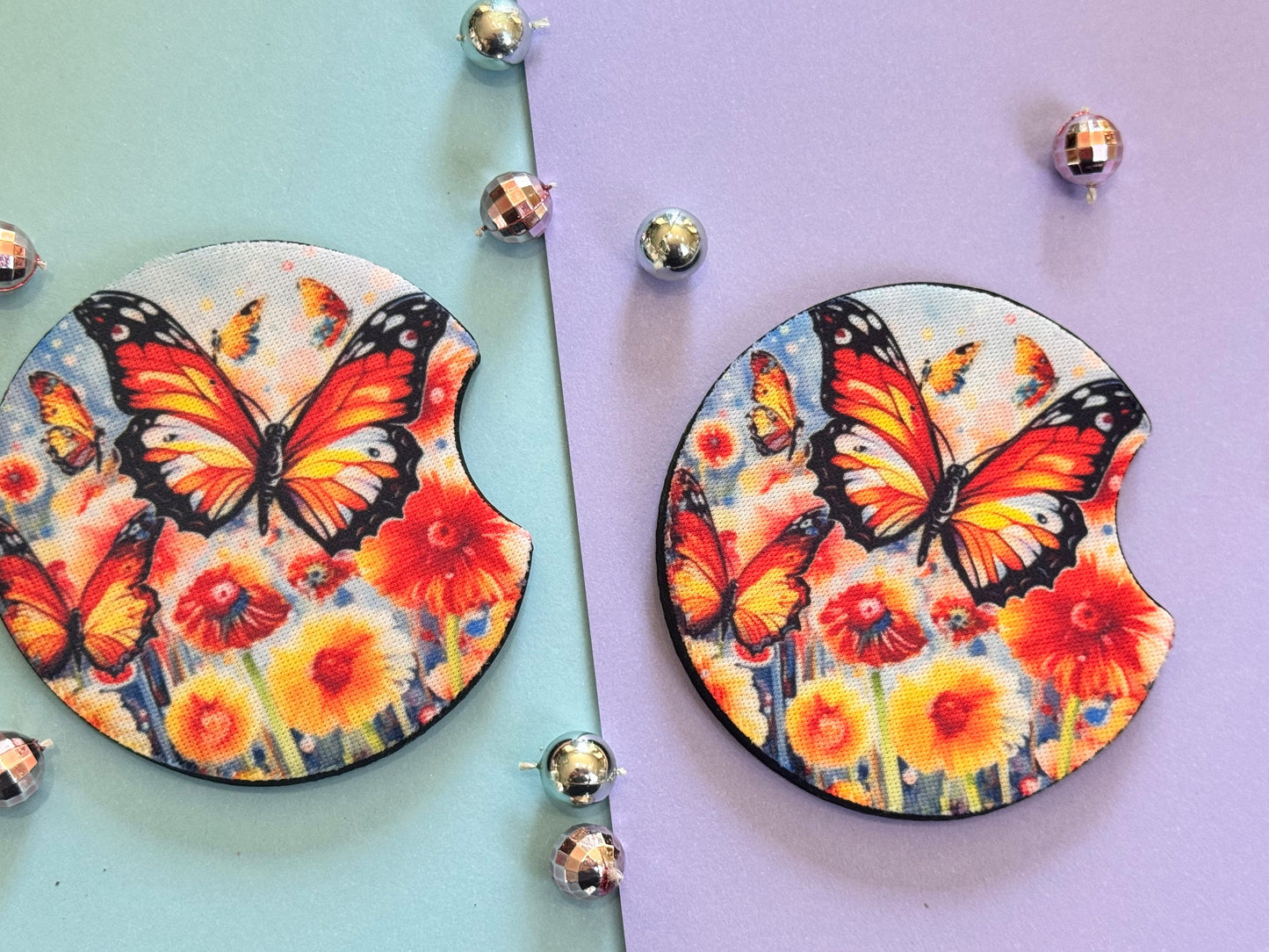 Bright Butterflies with Gorgeous Summer Colors Car Coaster Set of Two, Neoprene Material with Sublimated Design